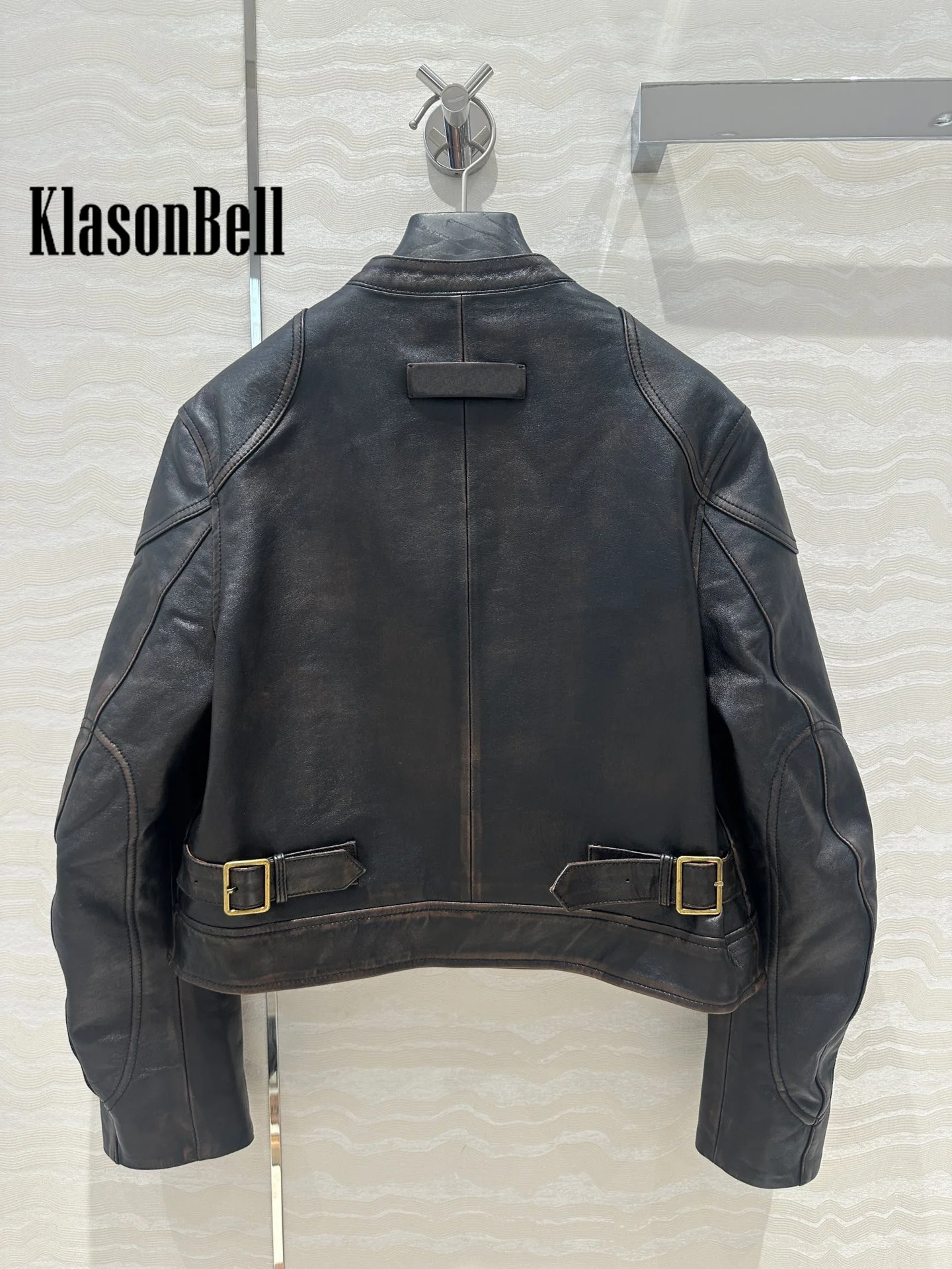 8.18 KlonasBell Women Distressed Design Moto Biker Sheepskin Stand Collar Short Jacket Or Side Zipper High Waist Shorts Set