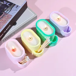 Oval Candle Cup with Match Storage Box Cement Concrete Silicone Molds Flowerpot Organizer Epoxy Resin Mold Gypsum Plaster Mould