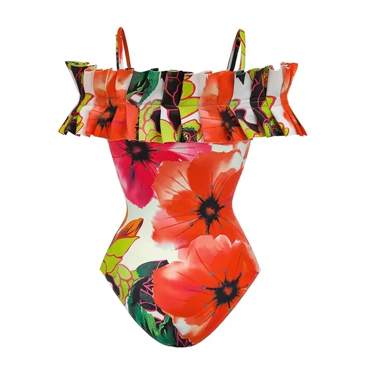 2024 Damen Badeanzug aus Schulter gurt mit Rüschen einteilig 2 Stück Bade bekleidung Damen Beach wear Badeanzug Bikini