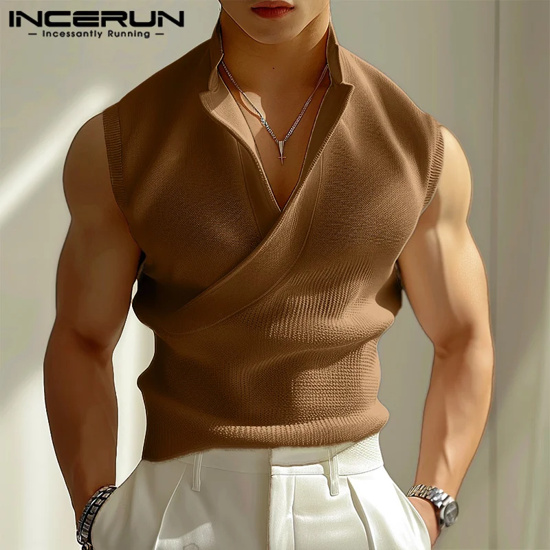 INCERUN Tank top tanpa lengan pria, rompi Tank TOP warna Solid leher V kasual jalanan Musim Panas 2024 modis santai pakaian pria Korea