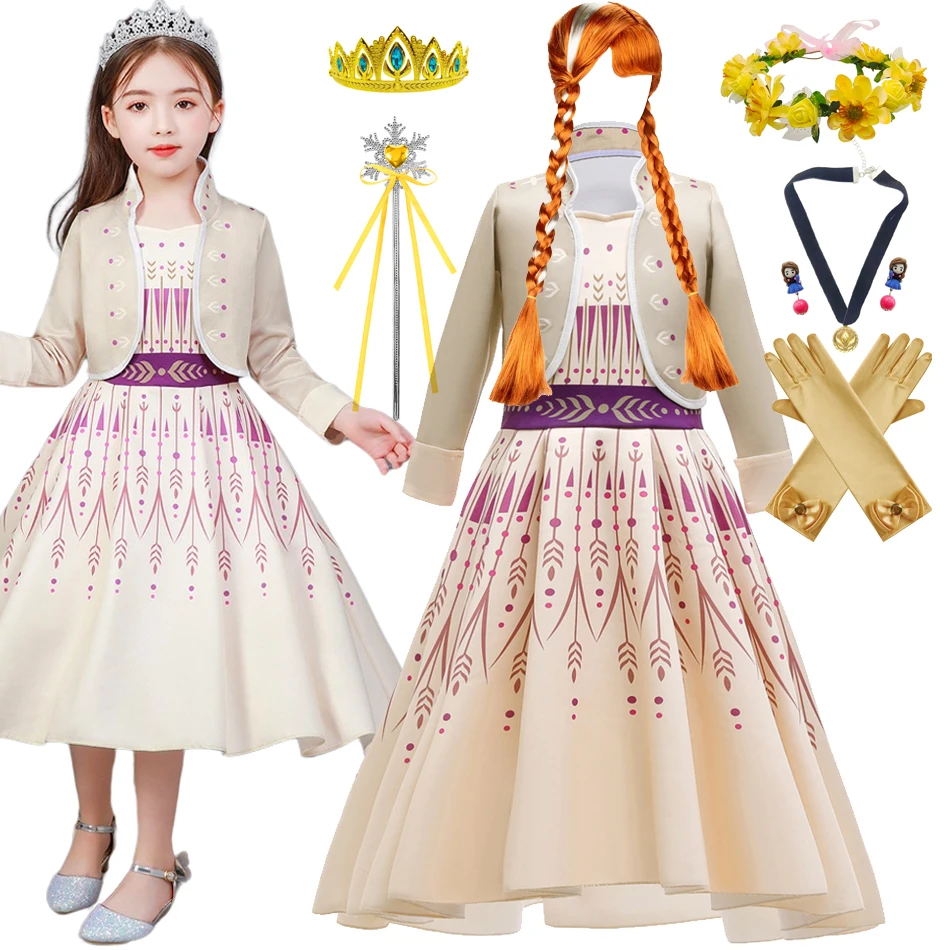 Princess Cosplay Anna Costume Dress for Kids Girl Cosplay Children Clothing Snow Queen Elsa 2 Dress Anna 2pcs Set for Birthday