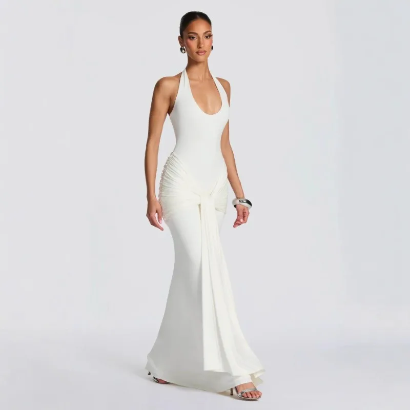 Patchwork Pleated Dress High Waist Western with Sexy Tight Fit Maxi Length U Neck Streetwear Ribbon Detail Dress for Women