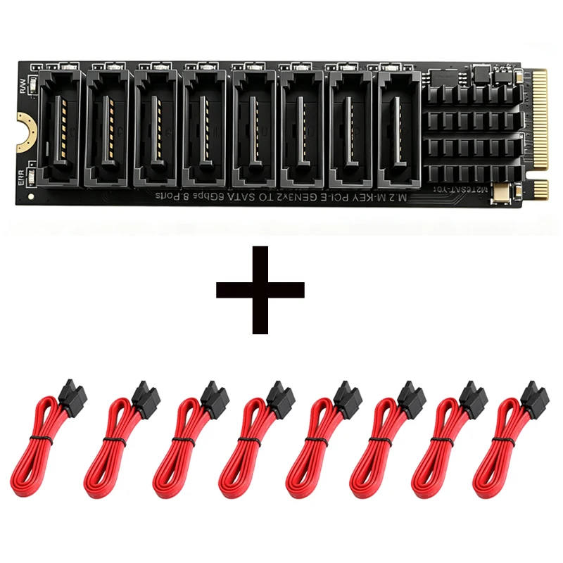 M.2 M-Key NVMe to 8 Port SATA3.0 Expansion Card YLB3118 Chip M2 PCIe 2X Gen3 to SATA 6Gbps Adapter With 8pcs SATA Cables for NAS