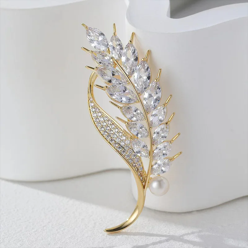 Chinese Style Lucky Wheat Ear Brooch Copper Gold Plated Micro Paved Zircon Freshwater Pearl Auspicious Wealth Blessing Lapel Pin