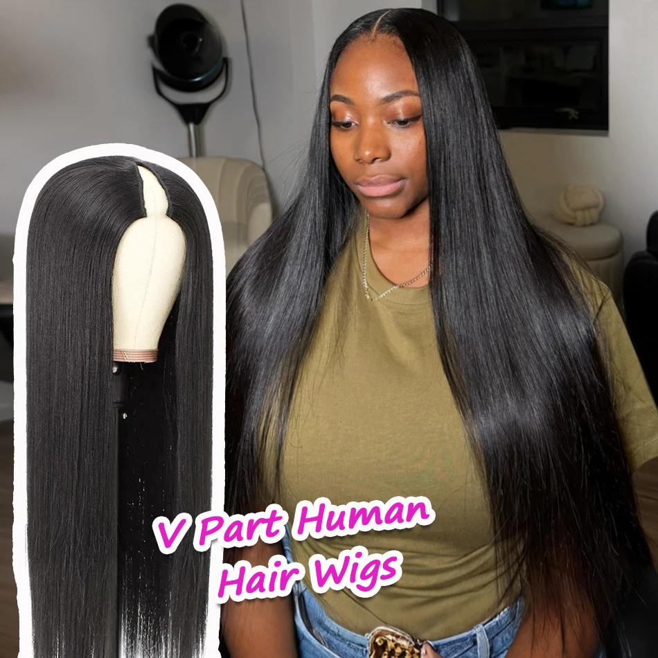 Perruques en cheveux humains lisses en forme de V, sans couture, sans colle, densité 220, noir naturel, idéales pour les débutantes