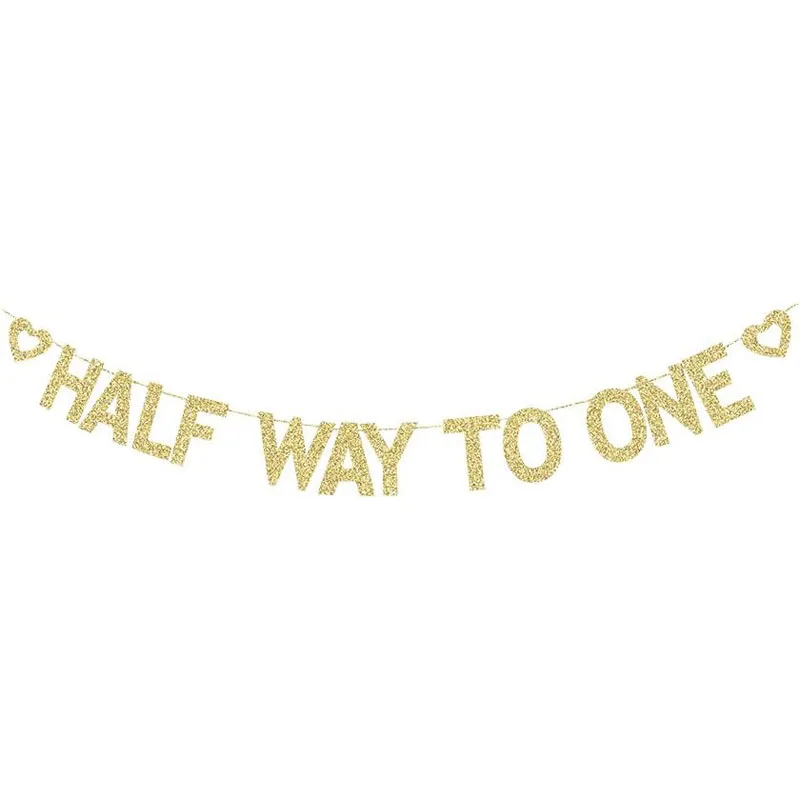 Half Way to One Banner, Baby\'s 6 Months Old Birthday, Half a Year Old Birthday Party Gold Gliter Paper Sign Backdrops