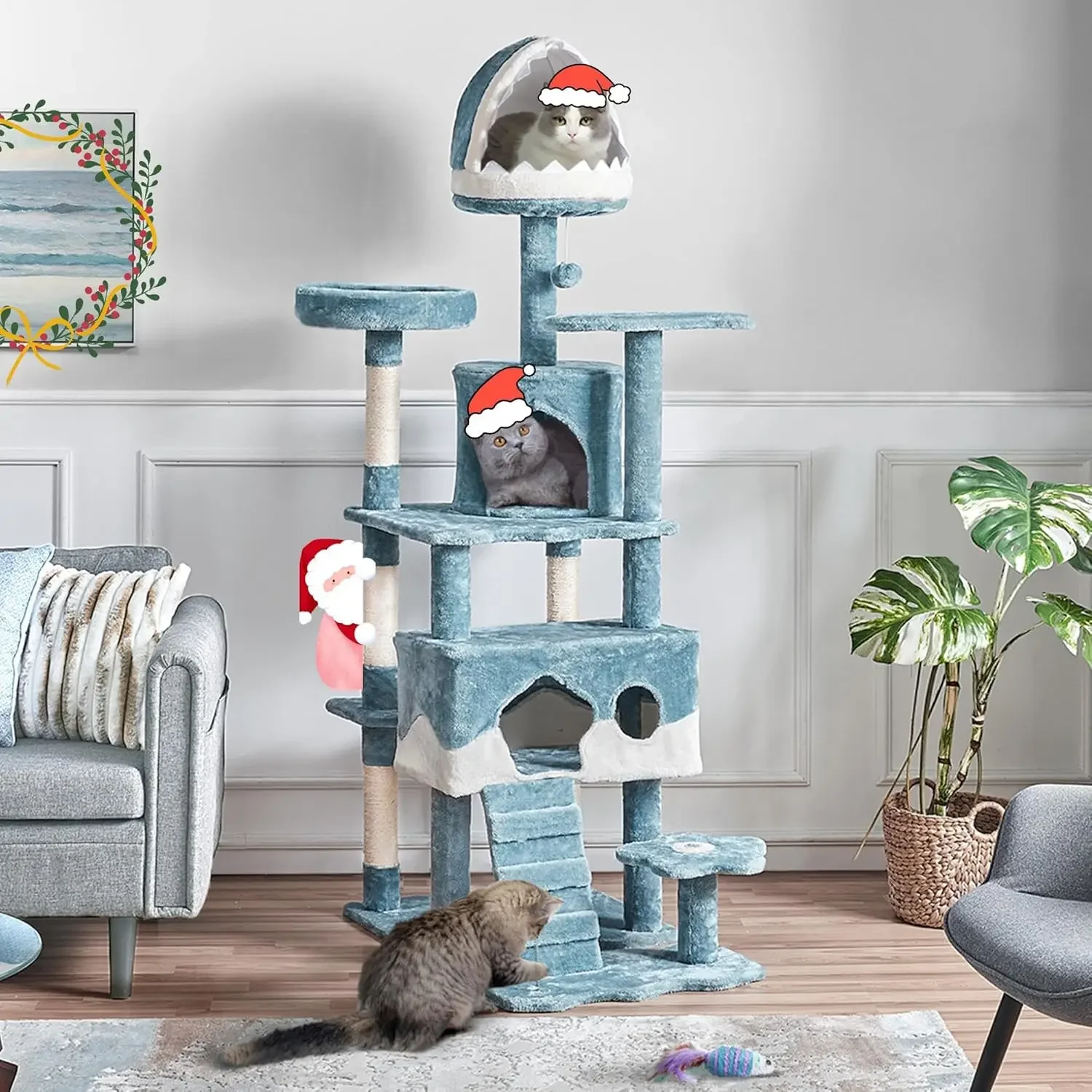 Cat Tree, 72.5inch Ocean-Themed Cat Tree Tower, Multi-Level Large Cat Tree For Indoor Cats With Shark's Mouth Bed & 2 Big|