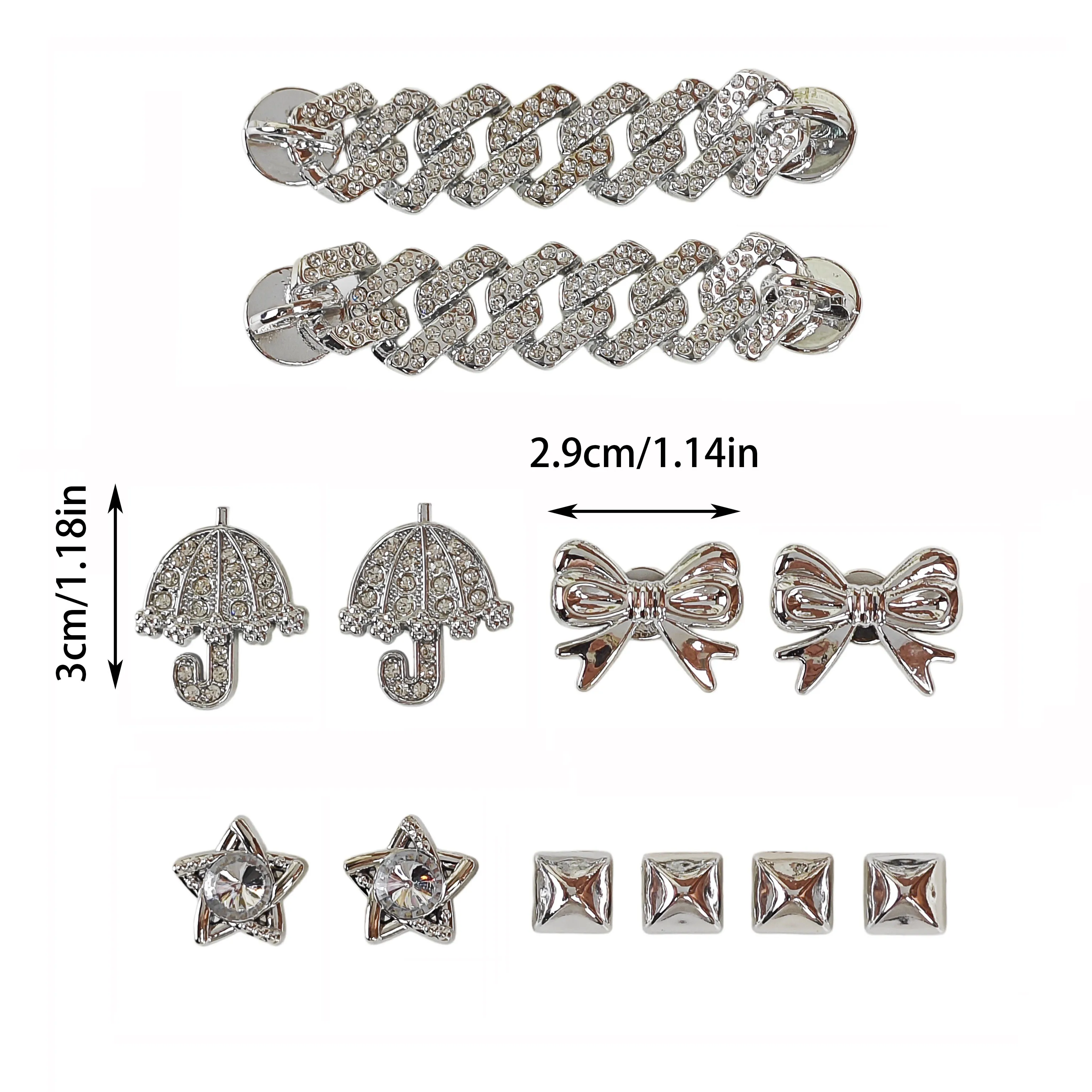 12Pcs DIY Shoe Decoration Charms: Shiny Umbrellas, Bow Ties, Geometric Squares, Rhinestone Chain Decorative Buckles, Non-Metal Lightweight Material, Y2K Fashion Versatile Cute Personality Accessories for Men and Women, Suitable for Eva Beach Shoes, Sandals, Removable Shoe Decoration, Holiday Gift