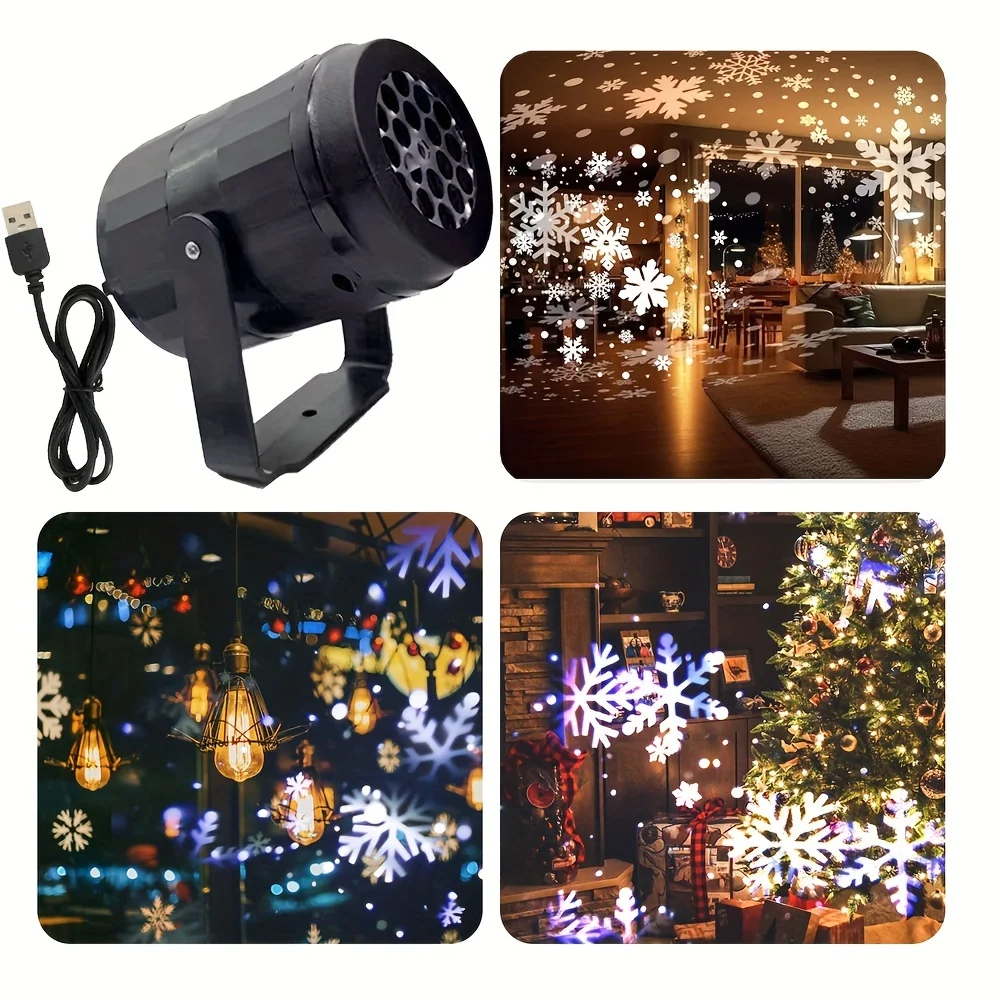 USB Powered Snowflake Projector Light White Snow Pattern Rotating LED Stage Lamp for Holiday Party Christmas Decor New Year Gift