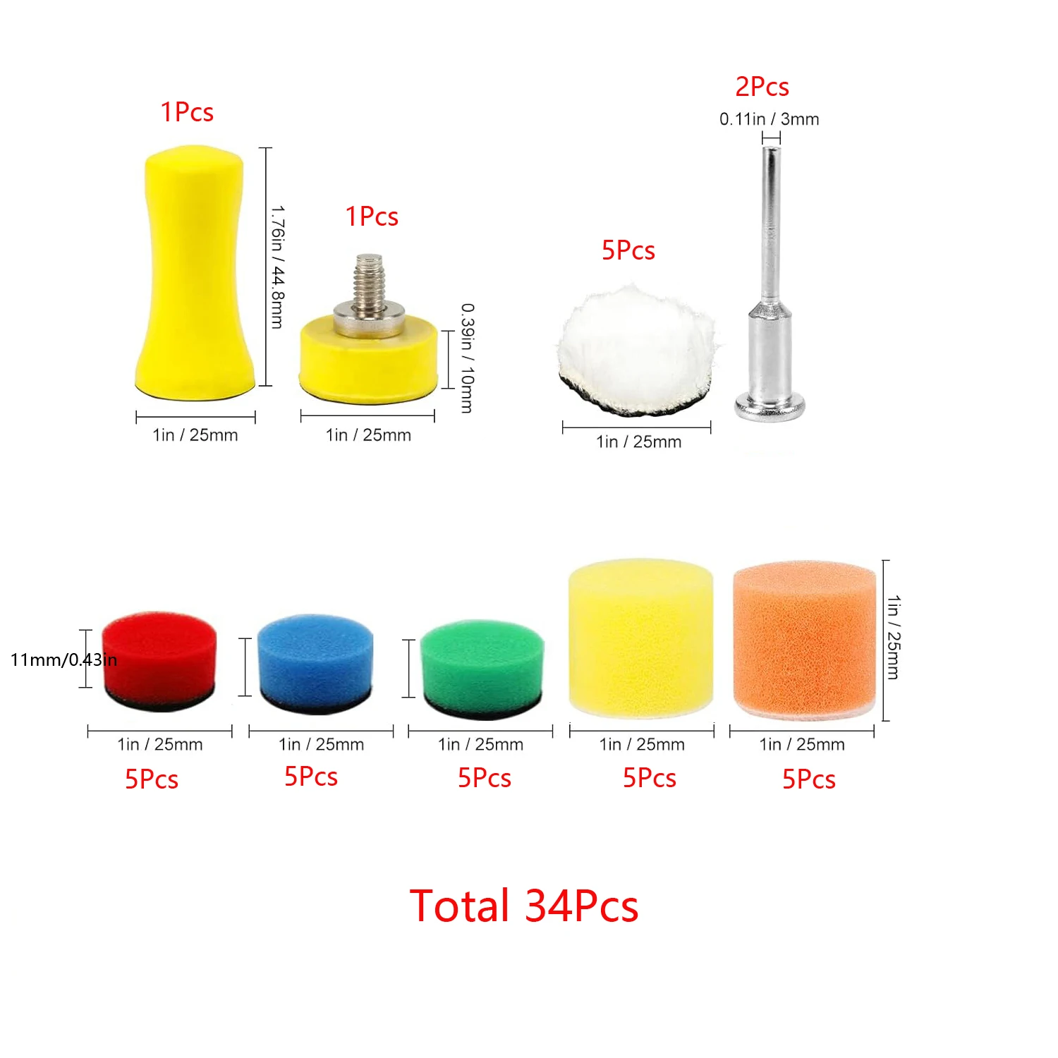 1 بوصة 25 مللي متر مجموعة لوحة تلميع صغيرة 34 قطعة مع كتلة الصنفرة اليدوية وسادة الصوف ووسادة دعم لتلميع معدن السيارة والخشب