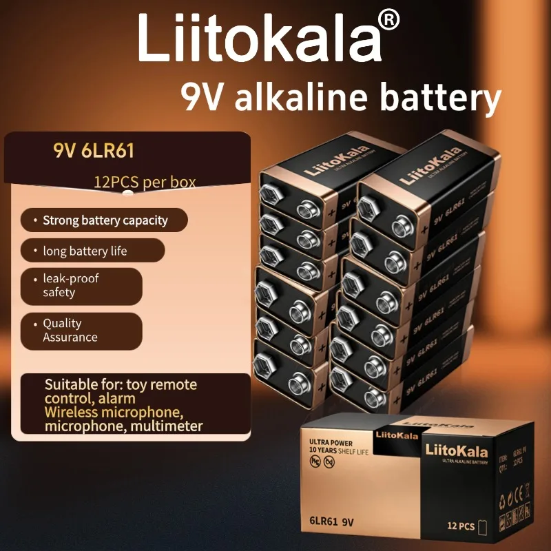 

LiitoKala 9V alkaline square battery 6LR61 microphone multimeter 9-volt alarm 9-volt stacked battery