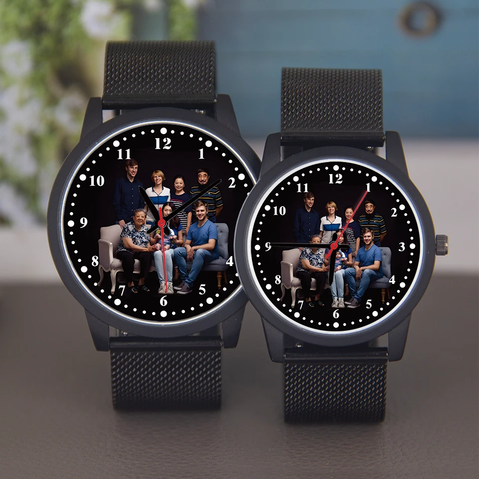 هدية رائعة 45/38 مللي متر ساعة يطبع شعار الصورة أسود فضي روزجولد حركة الكوارتز سبيكة حالة الصلب سيليكون حزام من الجلد