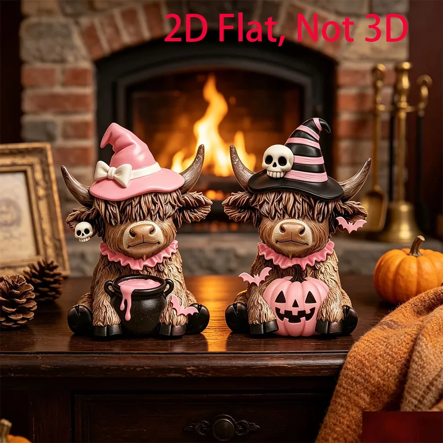 2-teiliges Set mit Halloween-Highland-Kuh-Dekorationen, rosa Highland-Kuh-Tischdekorationen aus Holz, Kuhstatuen mit Totenkopf-Hüten, geeignet für Wohnzimmer, Schlafzimmer, Kamin und Schreibtischdekoration. – Detail 3