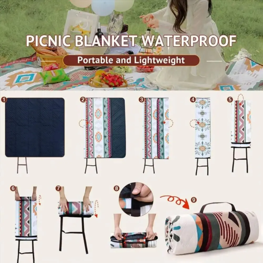

Moisture-proof Waterproof Picnic Blanket Carrying Handle Sandproof Beach Blanket Foldable Washable Portable Blanket Camping