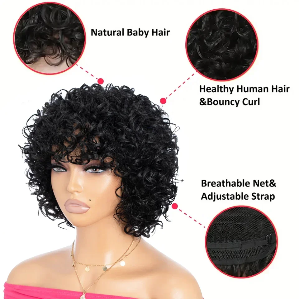 Remy Forte Short Curly Bob Wigs Human Hair Full Machine Made Bob Wigs Brazilian Hair Wigs Natural Black Glueless 100% Human Hair image 3
