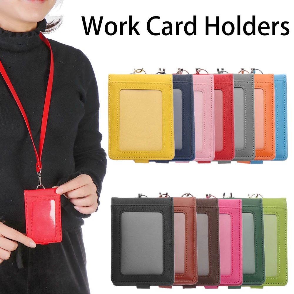 Multifunctional PU Leather Work Card Holder Fashion Women Men Name Badge Holder ID Business Case Office School Bank Credit Card