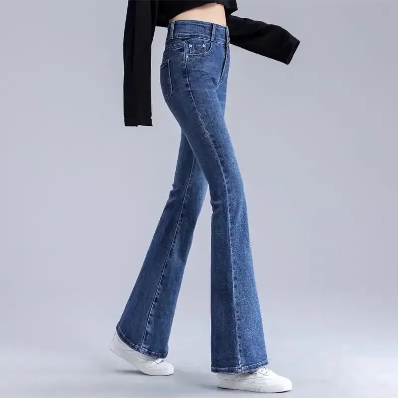 Womens Jeans Blue Flare Trousers High Waist Shot Pants for Women Bell Bottom Flared Japanese Y2k Medium Wash Stylish Clothing Z