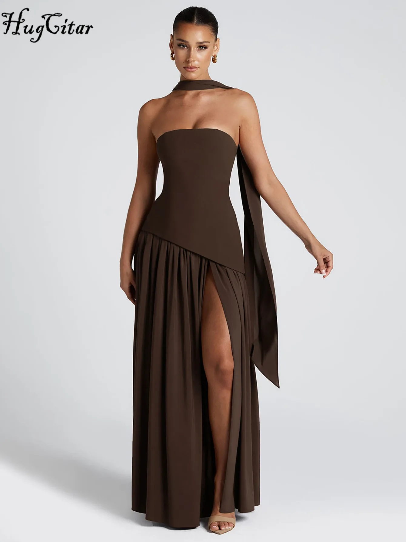 Hugcitar elegante sólido sem alças fita sem costas sexy fenda plissado maxi vestido de baile feminino novas roupas festa à noite festival