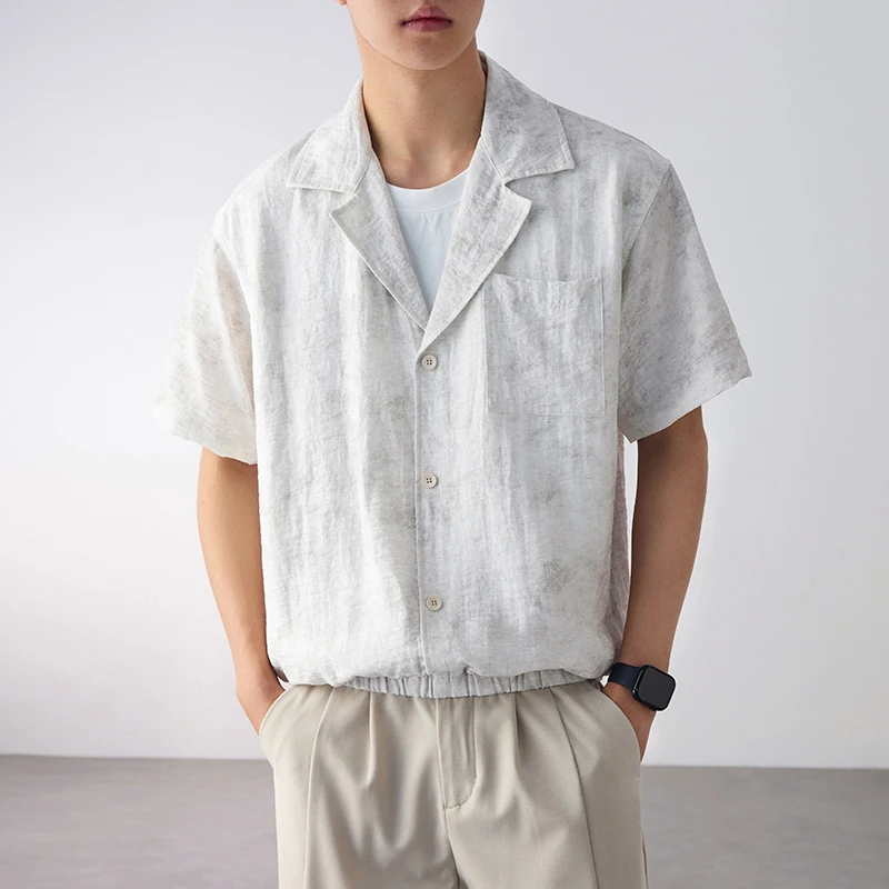 

False Two-piece Splice Collar Shirt Men Fashion Vintage Plus Size Loose Casual Short Sleeve Pullover Shirts Male Clothes Tops