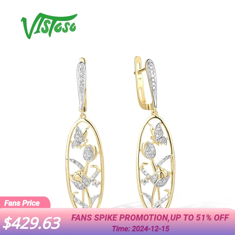 VISTOSO Real 14K 585 Yellow Gold Butterfly & Flower Earrings For Women Sparkling Diamonds Dangling Latch Back Fine Trend Jewelry