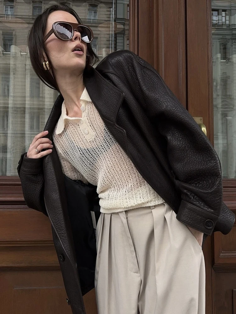 

Женская куртка из искусственной кожи в стиле ретро с американским дизайном, двубортная, с отложным воротником, свободного кроя, с длинными рукавами, стандартной длины