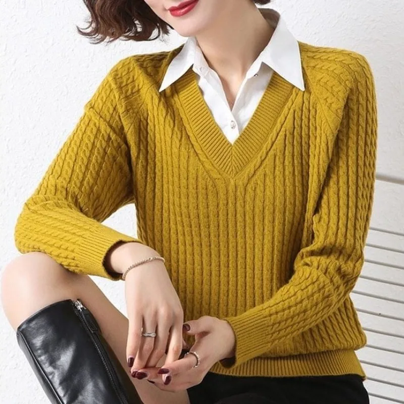 Autumn and Winter Vacation Two Pieces Women\'s Solid Color Polo Collar Panel Fashion Tee T-shirt Pullover Commuter Casual Tops