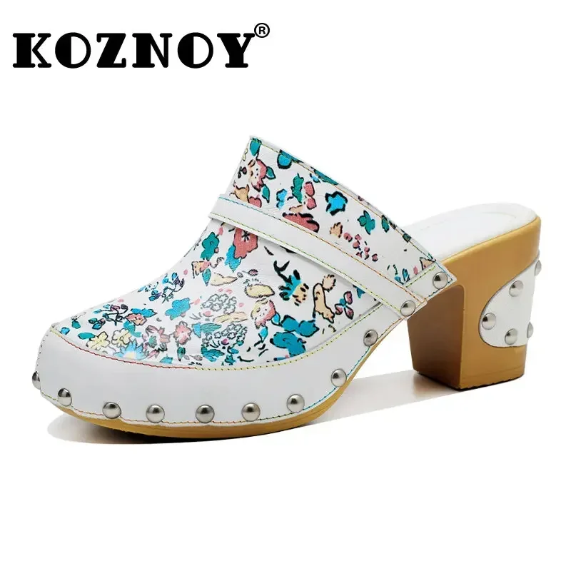 Koznoy 7.8Cm Print Sheepskin Leather Ethnic Breathable Sandals Fashion Flats Metal Decoration Comfy Summer Slippers Women Shoes