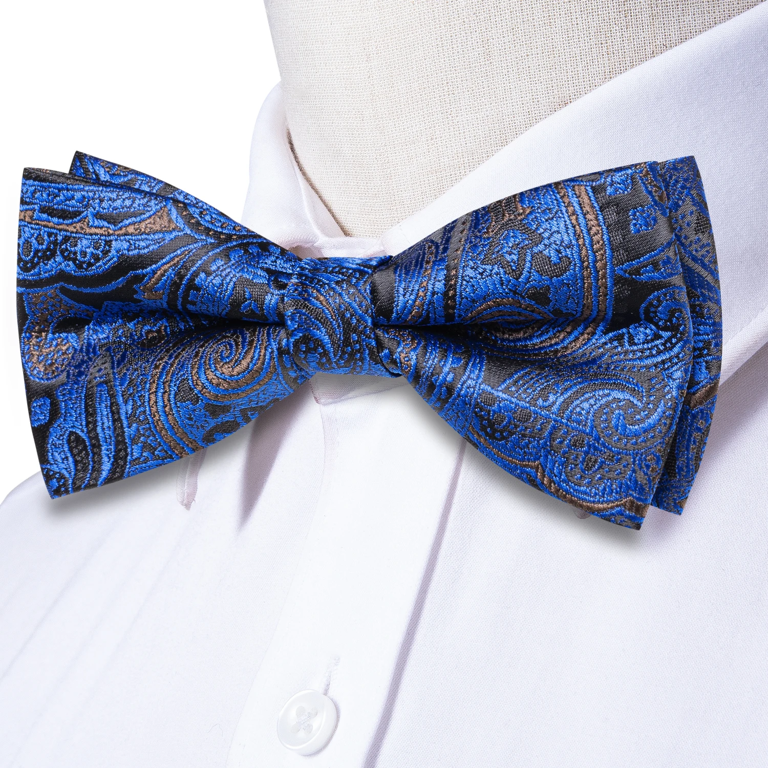 Hi-Tie Sky Navy Royal Blue Silk Mens Bow Tie Hanky Cufflinks Set Pre-tied Butterfly Knot Adjustable Bowtie Male Wedding Business