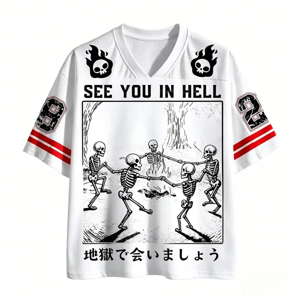 Men's Breathable Summer Mesh V-Neck T-Shirt With Gothic Bonfire Dancing Skeleton Print—Party Everyday Casual And Streetwear Top