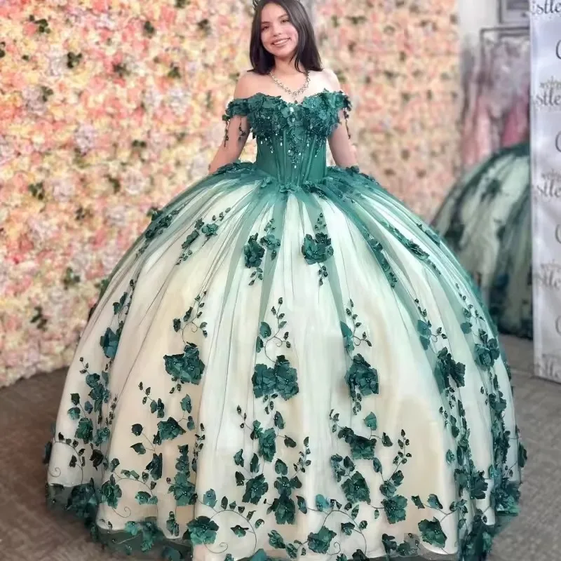 Luxo 3d floral tule quinceanera vestidos inchado perolado vestidos de baile com trem frisado fora do ombro doce 16 vestidos personalizados