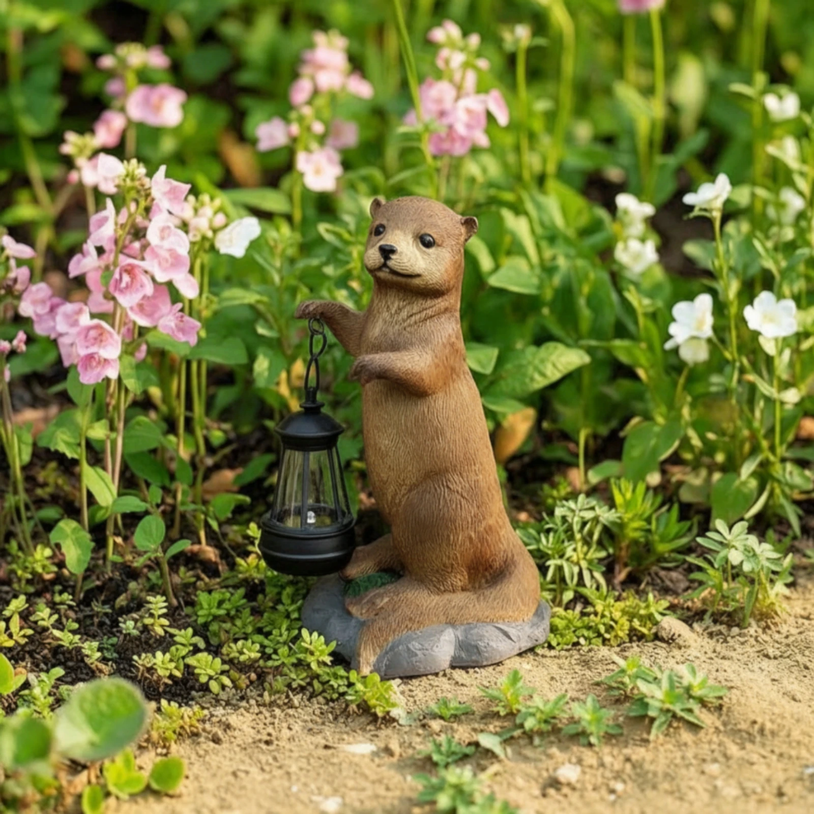 Otter Figurine with Lantern Sturdy Otter Statue with Lantern Solar Garden Statue Textured Compact for Gardeners, Patio