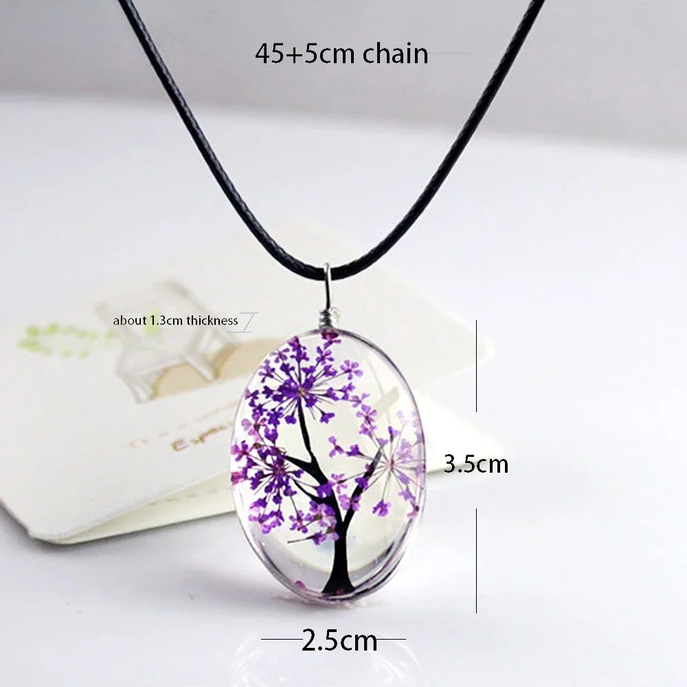 Handmade Tree Like of Life Dried Flower Necklace Resin Dome Glass Cabochon Flower Tree Pendant Necklace for Women Girls