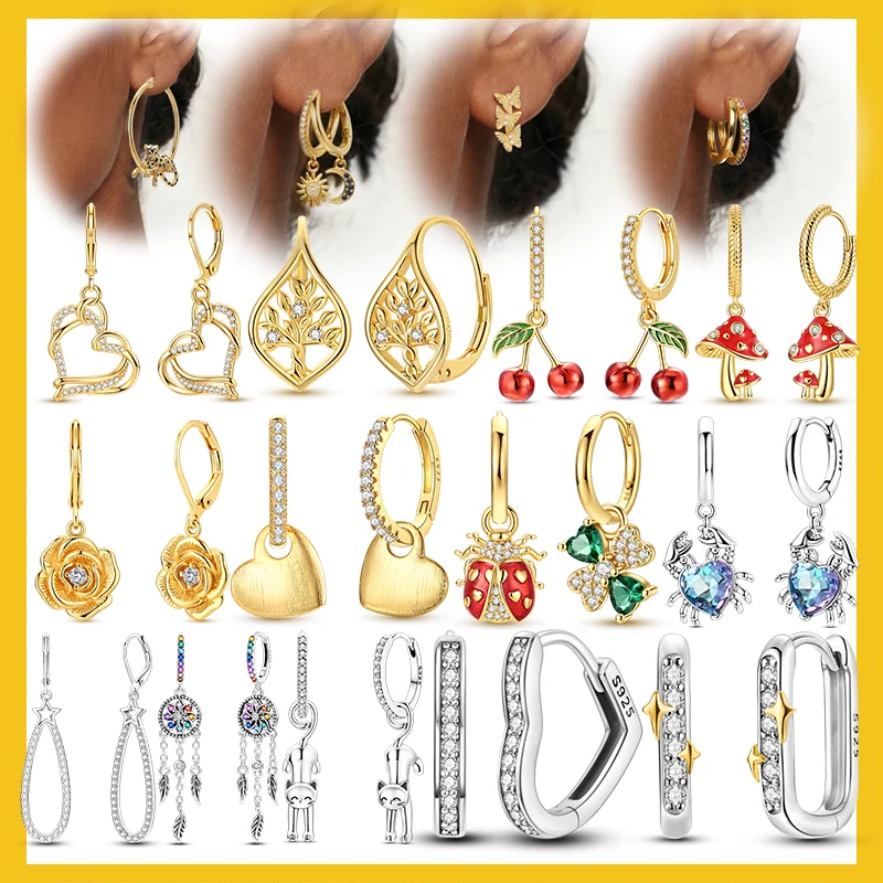 Origina 925 Sterling Silver Hoop Earrings Cherry Mushroom Ladybug Crab Earrings Fit Teens Ladies Female Hanging Ear Buckles Gift