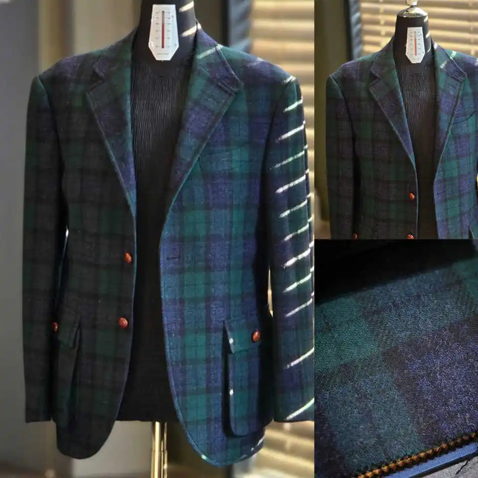 

Plaid Woolen Autumn Men's Coat Peaked Lapel Tuxedos Single Breasted Groom Wear Business Party Coats Only Blazer Customized