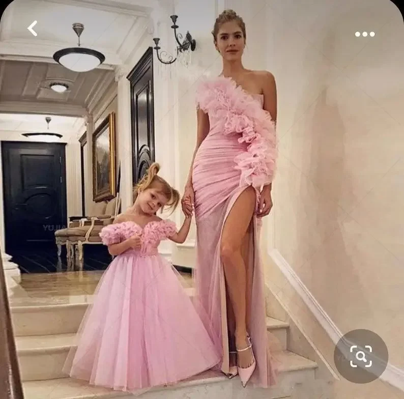 Pink Prom Dress Mãe Slim Fit Tulle Dresses Meninas Dress PhotoShoot Mãe e Filha Birthday Party Evening Gown