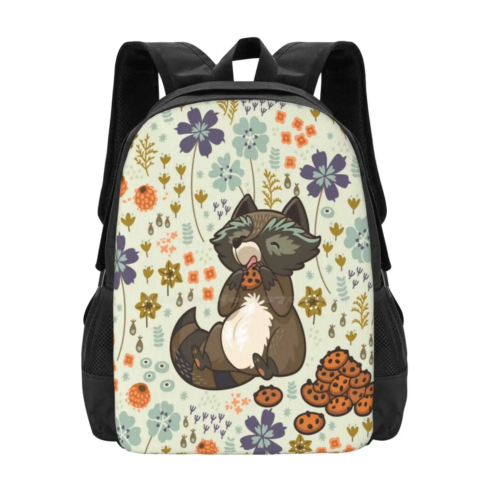 Funny Little Raccoon Eating Cookies Teen College Student Backpack Pattern Design Bags Baby Floral Spring Raccoon Vector Leaf