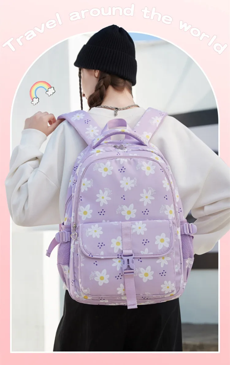 Large Capacity School Backpack for Girls Elementary Middle School Bags Purple Bookbag Student Flower Backpack with Many Pockets