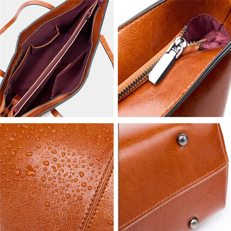 BURMINSA Retro Oil Wax Genuine Leather Handbag For Women 2026 Designer Large Capacity Office Tote Elegant Business Shoulder Bags