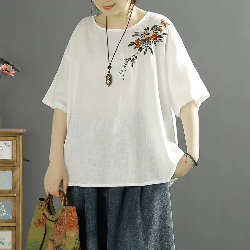 القطن الكتان تي شيرت المرأة خمر الأزهار التطريز رقيقة تي شيرت عادية فضفاض قصيرة الأكمام بلايز 2025 جديد في الصيف العصرية المحملة #5