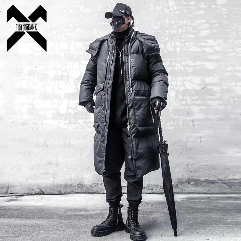 2023 Winter Black Parkas Thick Jacket Windbreaker Men Hooded Long Padded Coats Streetwear Mens Hip Hop Warm Overcoat