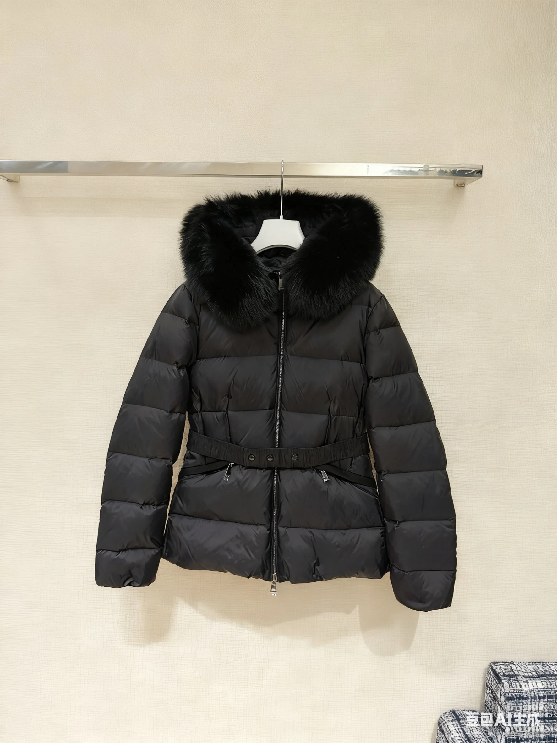 

2025 зимняя женская черная куртка-пуховик с меховым капюшоном и поясом на талии, теплое утепленное пальто, модная верхняя одежда