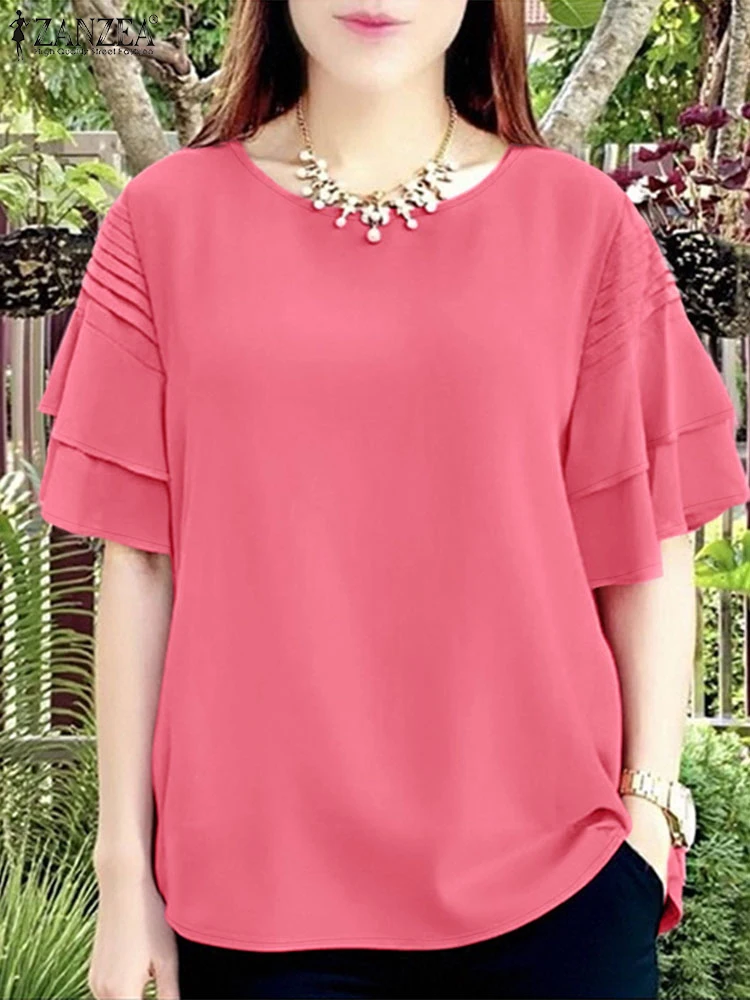 

2025 ZANZEA Summer Blouses Women Elegant Short Sleeve Work Tops Stylish Pleated Design Holiday Shirt Casual O Neck Loose Blusas