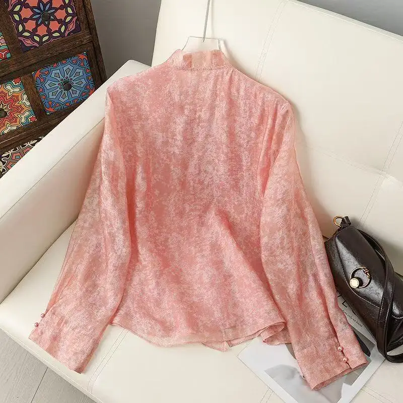 New Chinese Style Silk Costume Women's Traditional Mesh Fairy Top Shirt Vintage Standing Collar Button Shirt Female Light Luxury
