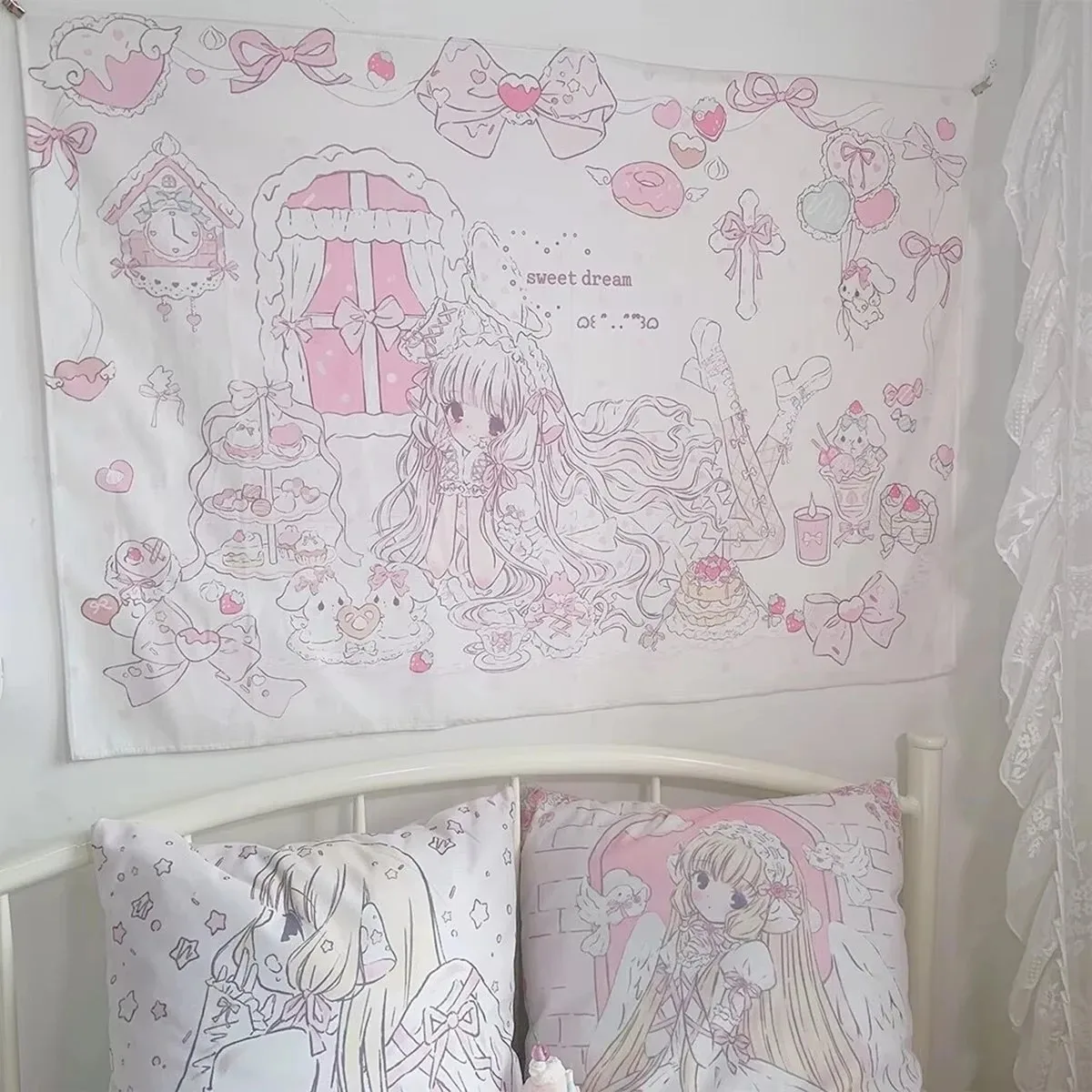 VIKAMA Pastel Lolita Girl Wall Tapestry Sweet Dessert Print Kawaii Hanging Backdrop Cute Line Art Dorm Bedroom Room Decor