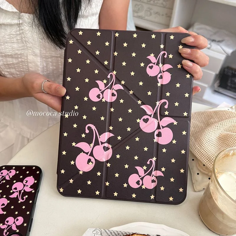 Simple Stars Korean Ins Style Pink Cherry Case 3+Y Fold For Samsung TabS8 S9 S11 FE S6lite tablet Case 10S 11 S8 6 lite A78 Case