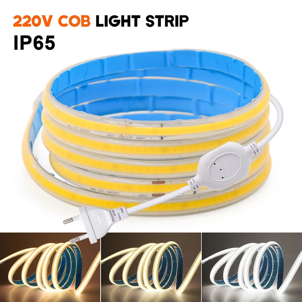 Imagem -02 - Impermeável Led Cob Light Strip Lâmpada de Fita Flexível com Poder 288 Leds Alta Densidade Iluminação Linear Ip65 220v ac 5m 10m 50m 100m