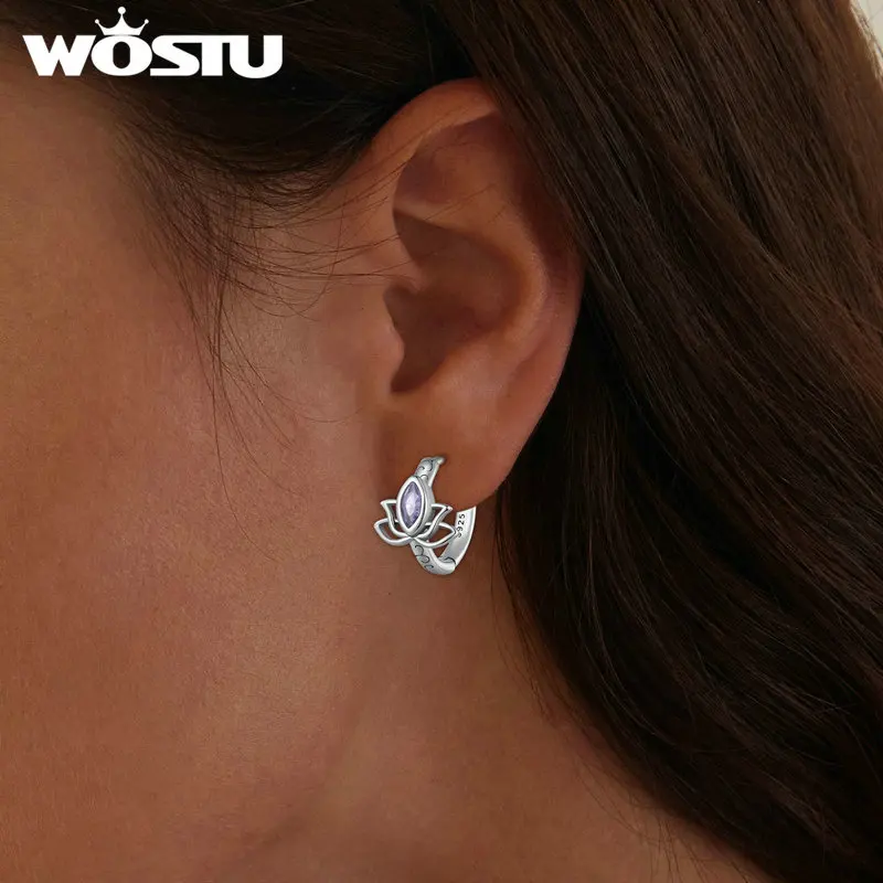 WOSTU Vintage 925 Sterling Silver Lotus Flower Hoop Earrings Purple Zircon Ear Buckles For Women Original Design Jewelry Gift