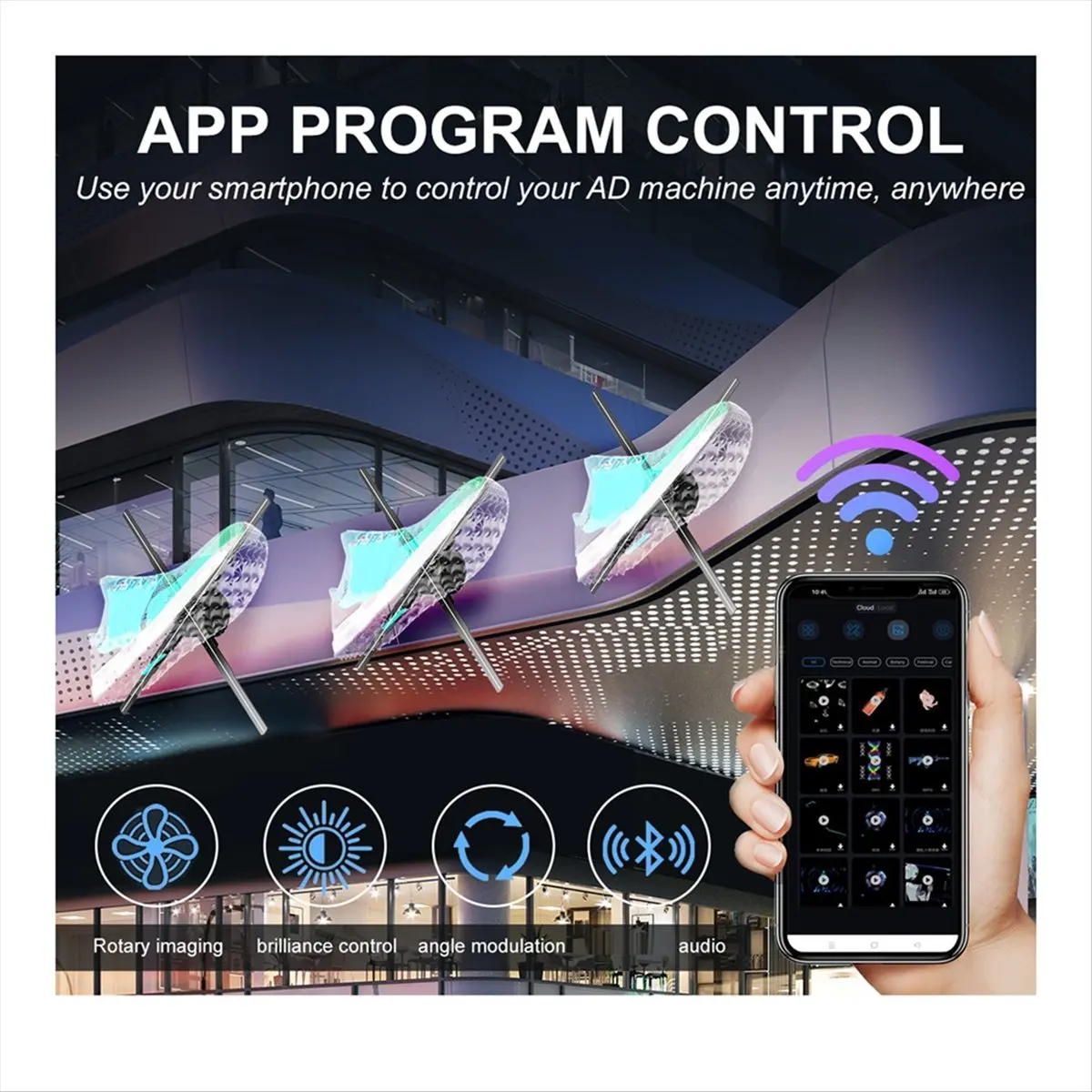 

WiFi 3D Holographic Projector 615mm 722LED Holographic Player Fan for Image Video Store Advertising Display US Plug