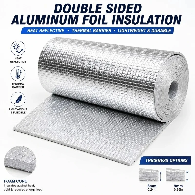 6/9mm Double Sided Aluminum Foil Foam Insulation Roll 50x200cm Heat Reflective Thermal Barrier for Car RV Roof Wall Garage Door