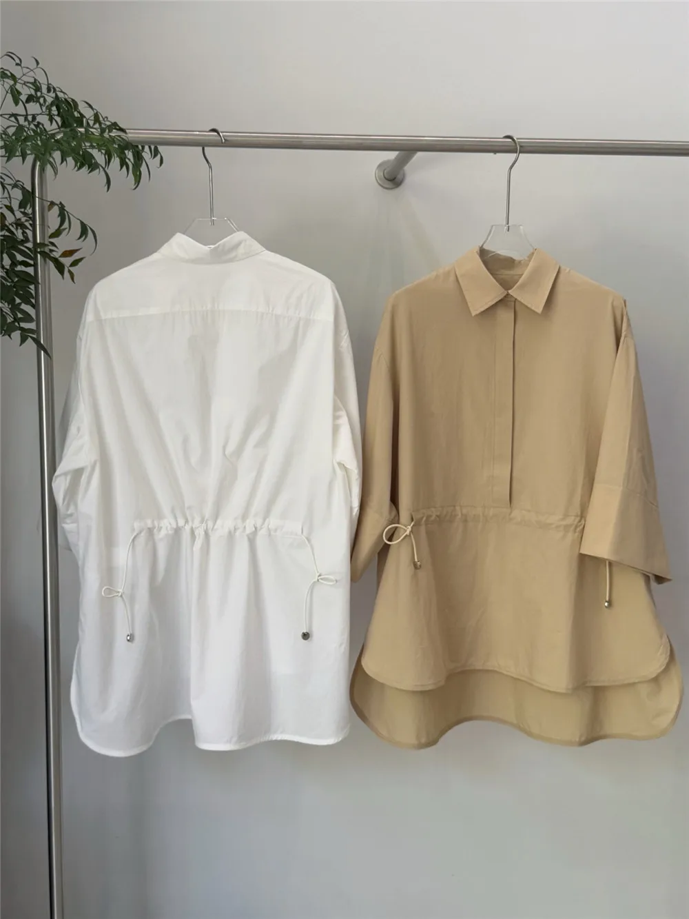 

Women's 25 Summer New Cotton Wide Sleeved Drawstring Straight Short Shirt